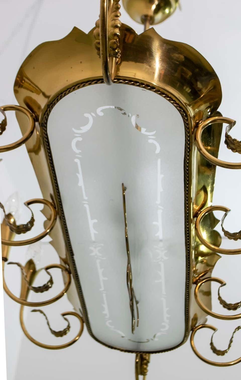 After Pietro Chiesa Mid Century Italian Brass 12 Lights Candelier Fontana Arte 40s photo vintage