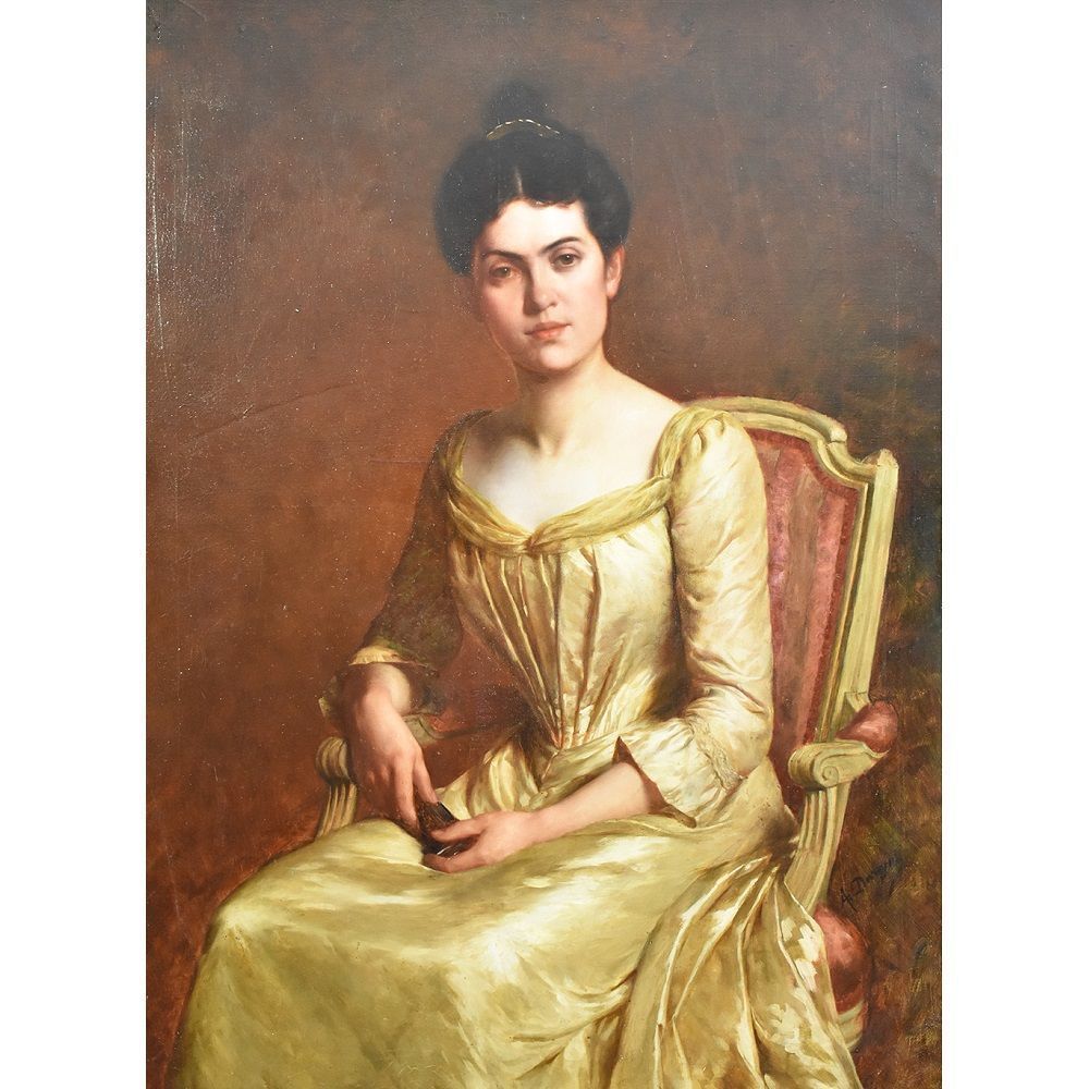 Antique Painting, Elegant Woman Portrait Painting, French Oil Painting On Canvas, 19 Th Century. (Qr 272) photo furniture