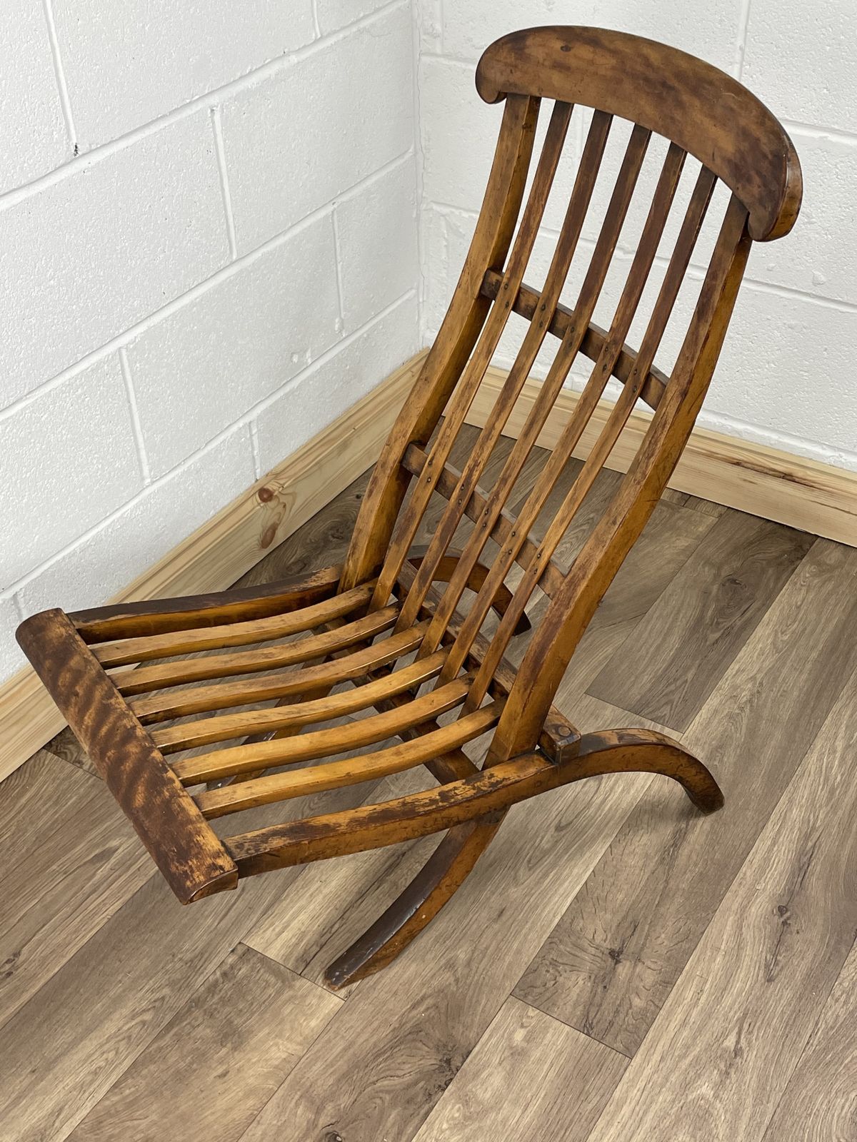 Stunning 19th C Cunard Line Teak Slat Back Deck Chair