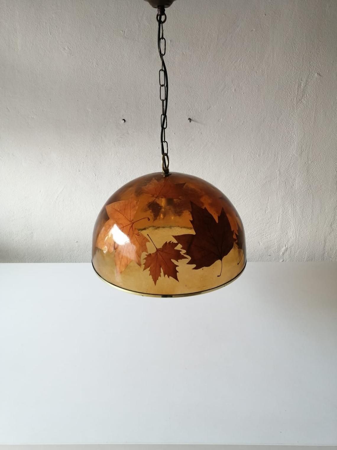 Wonderful Resin Shade With Real Leafs Italian Pendant Lamp, 1970s Italy photo for sale
