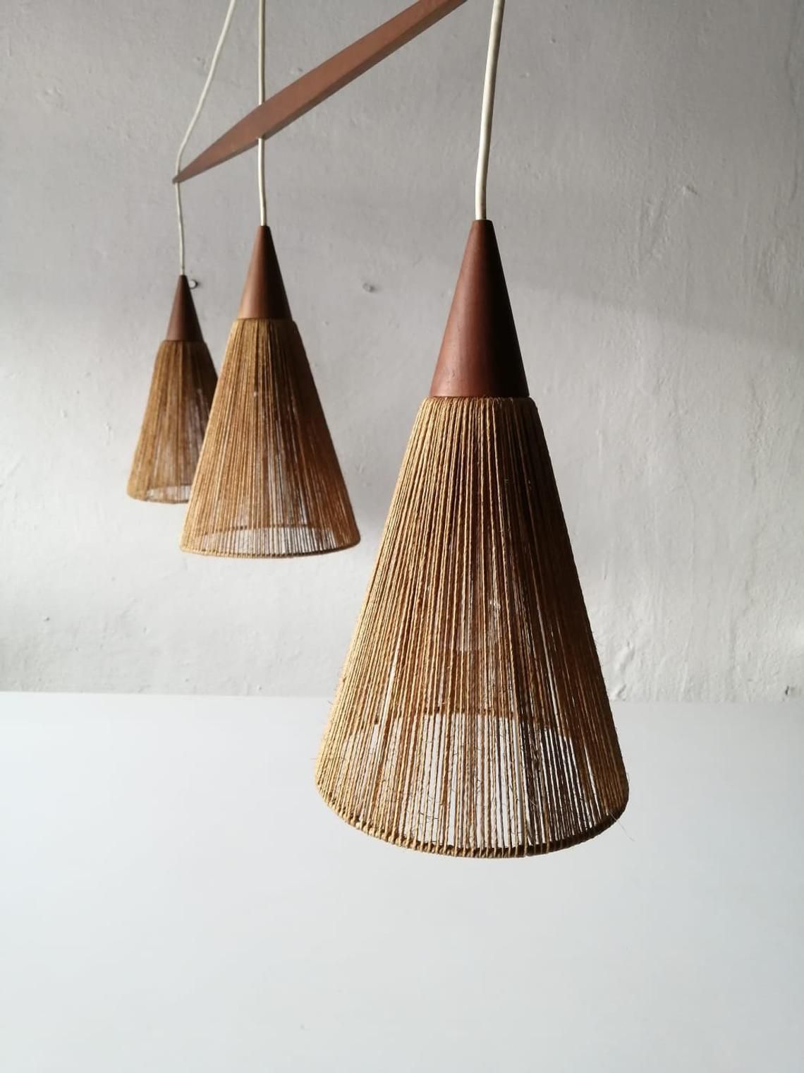 Rare Teak And Natural Ropes Triple Shade Ceiling Lamp By Ib Fabiansen For Fog & Mørup, 1960s Denmark