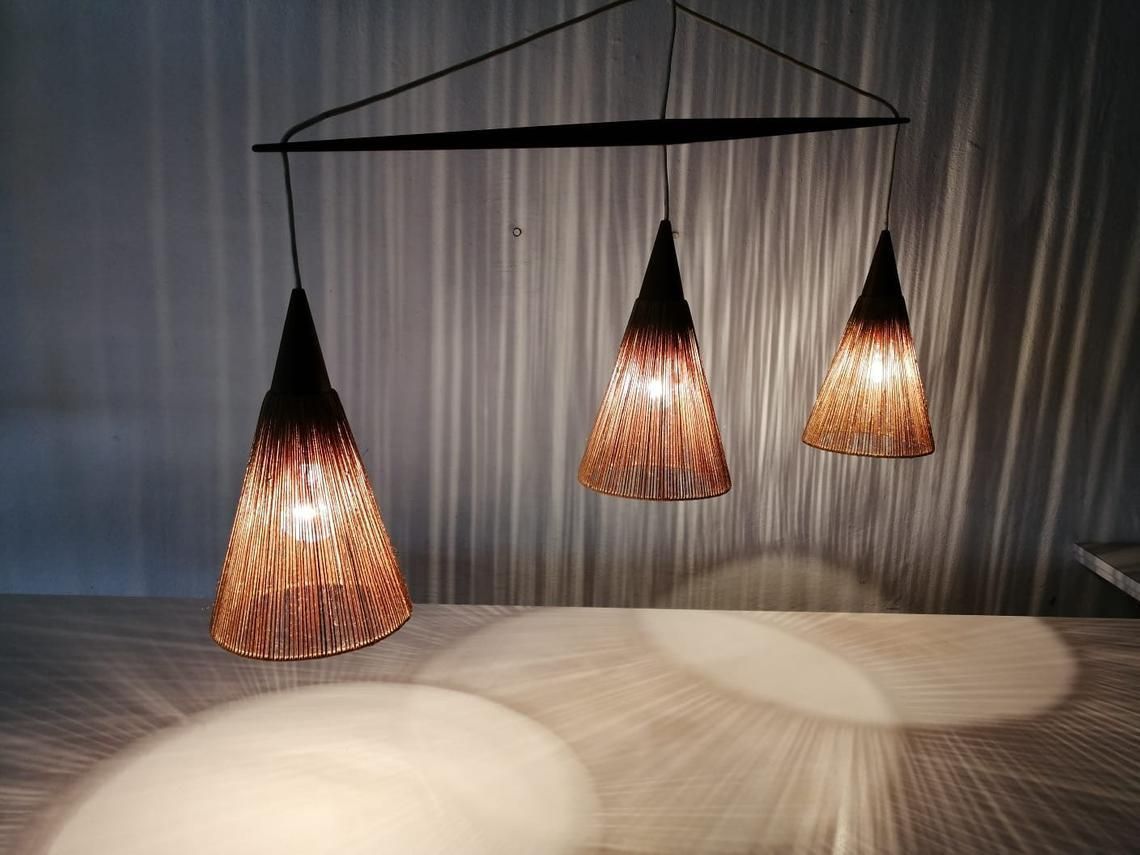 Rare Teak And Natural Ropes Triple Shade Ceiling Lamp By Ib Fabiansen For Fog & Mørup, 1960s Denmark photo for sale