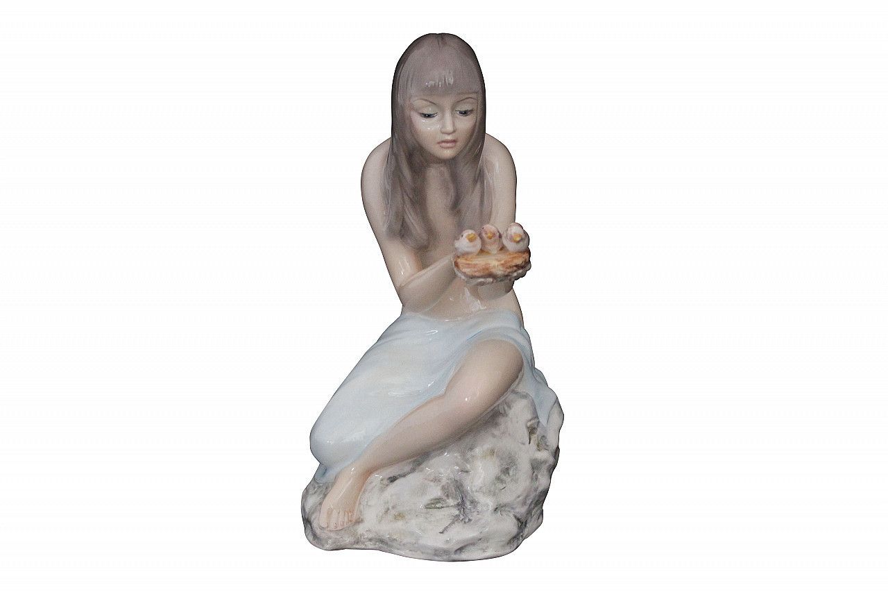 Ceramic Sculpture Naked Girl With Nest By Giovanni Ronzan For Ronzan Turin, 1940s