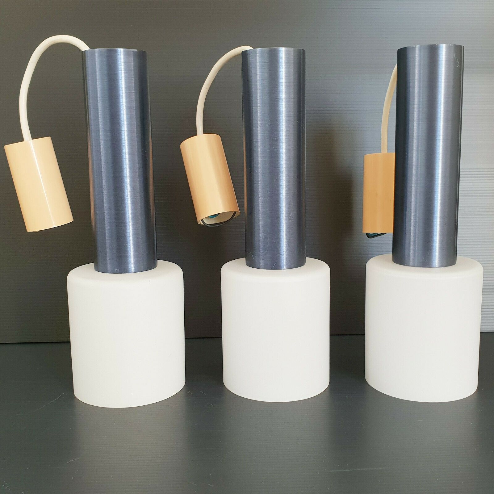 Suite Of 3 Lita 1960 Vintage Suspension Lusters Opaline Glass & Night Blue Steel