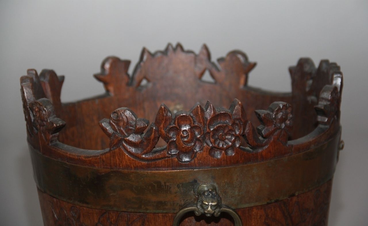 19th Century Carved Oak Bucket And Stand photo vintage