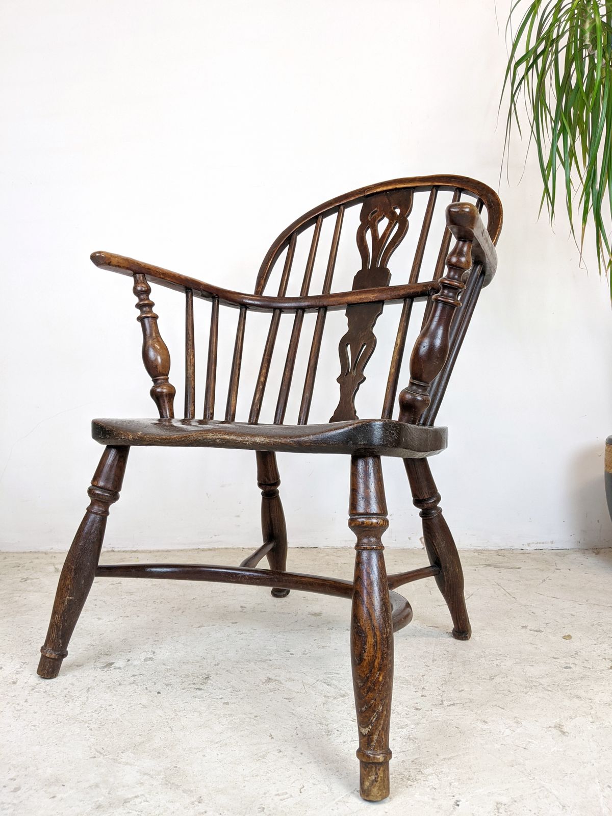 Antique Child's Windsor Chair, Yew And Elm, Crinoline Stretcher C.1830
