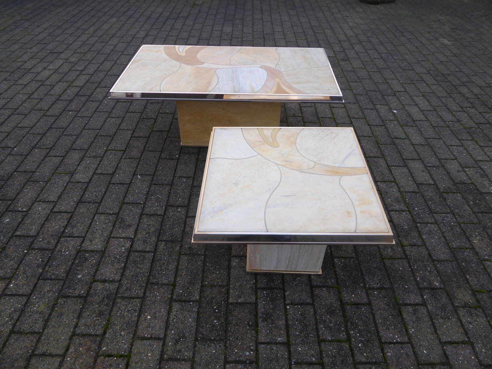 Inlaid Marble And Brass Coffee Tables By Paul Kingma For Fedam, 1970s, Set Of 2 photo Furniture