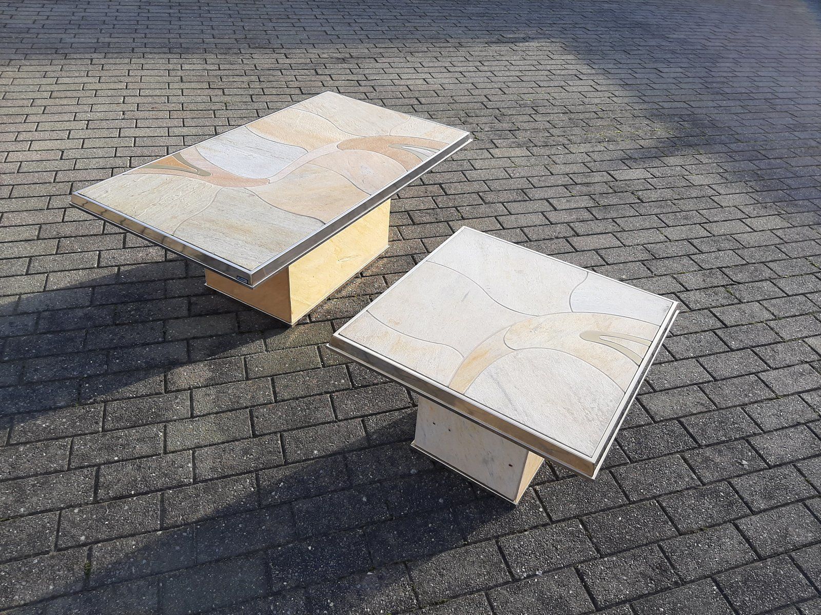 Inlaid Marble And Brass Coffee Tables By Paul Kingma For Fedam, 1970s, Set Of 2 photo 2936.32
