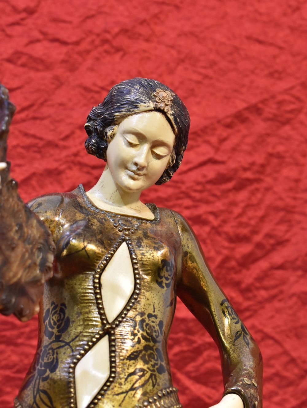 Antique Antimony Sculpture, Woman With Fan Sculpture, Art Deco, 20 Th Century. photo furniture