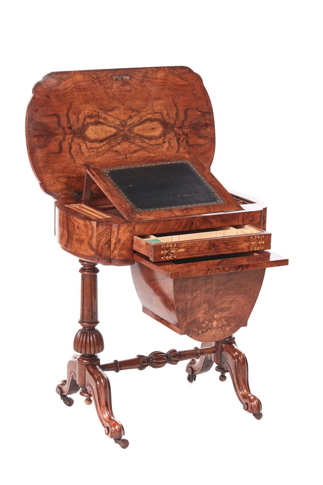 Antique Early Victorian 19th Century Inlaid Burr Walnut Writing Or Sewing Table photo furniture