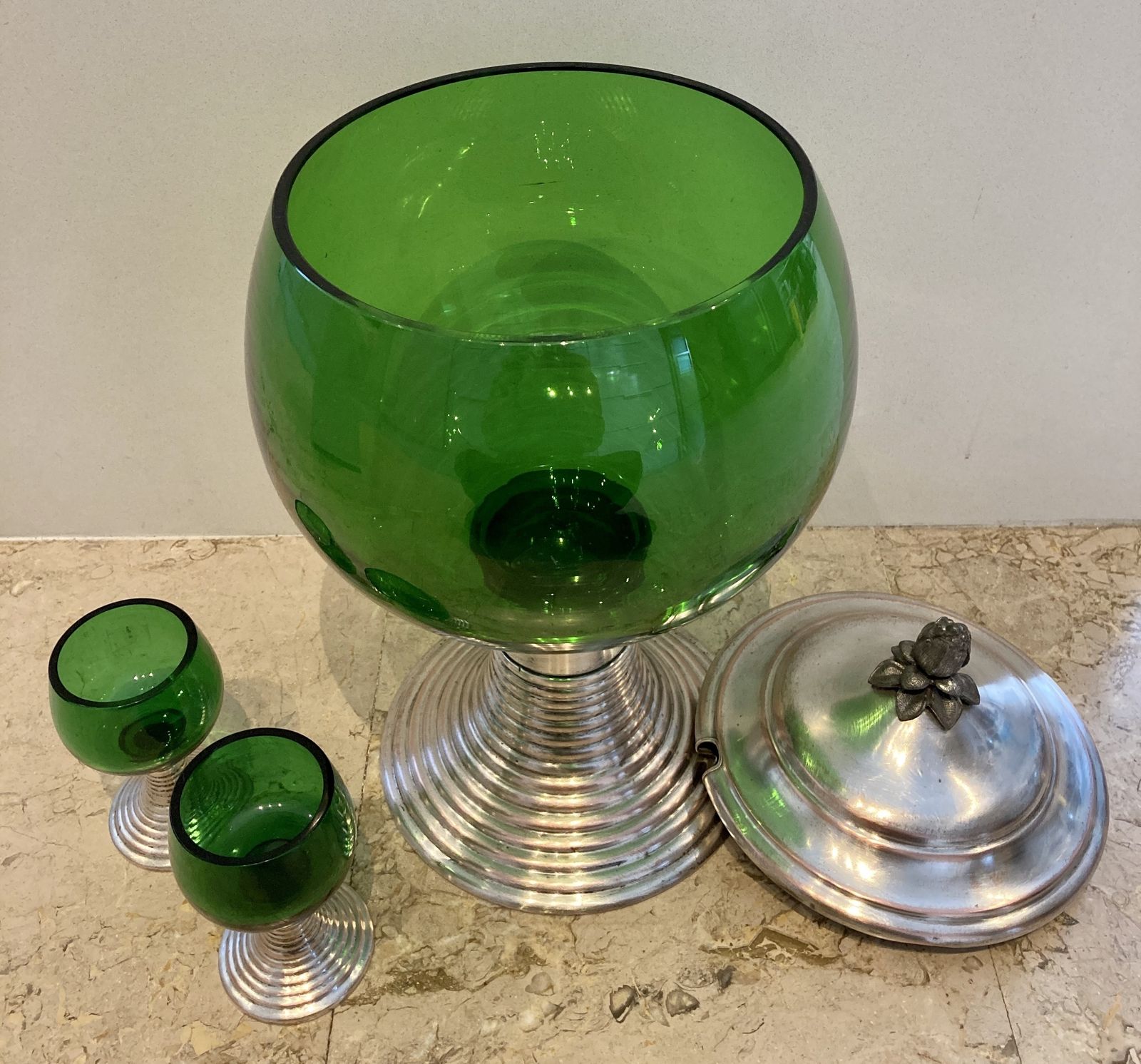 Mid Century French Set Of Punch Bowl Green Glass With Top And 2 Matching Cups photo vinterior