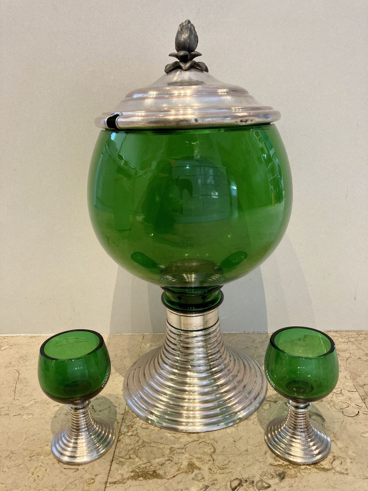 Mid Century French Set Of Punch Bowl Green Glass With Top And 2 Matching Cups photo furniture