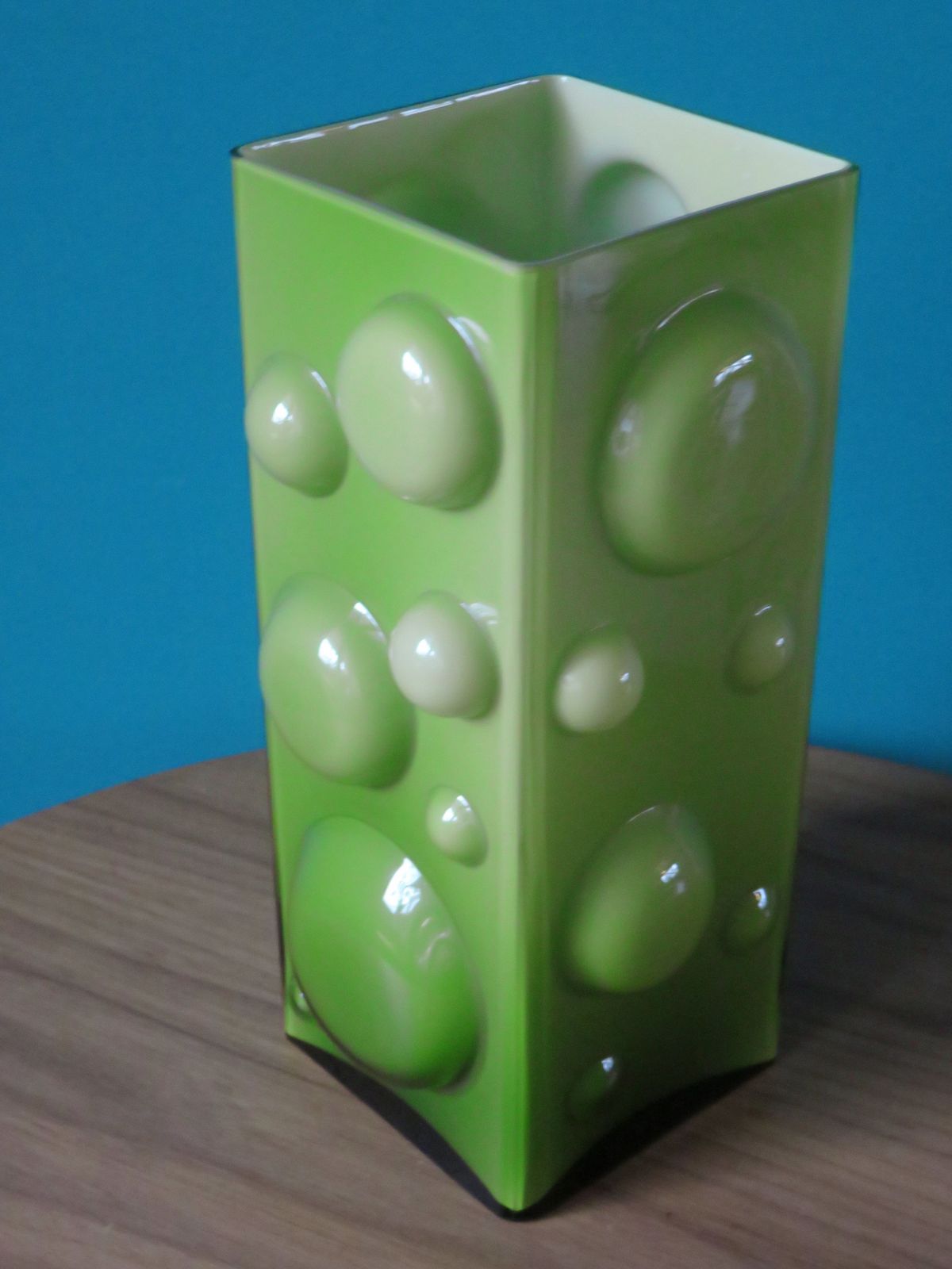 Large Square Half Bubble Vase In Apple Green Lined Glass   Denmark 1975 photo 89.0