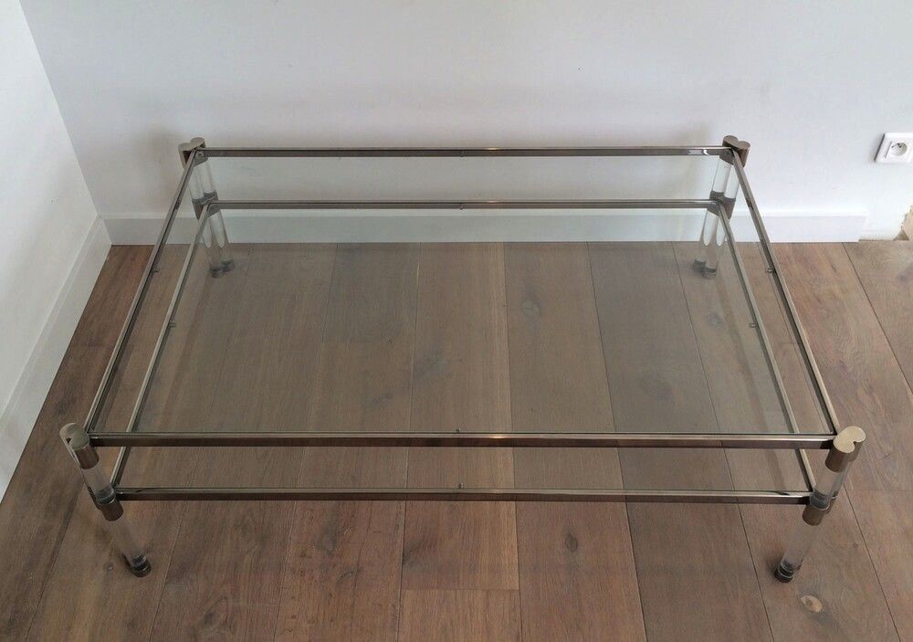Large Lucite And Chrome Coffee Table With 2 Glass Shelves. French Work. Circa 1970 photo Furniture