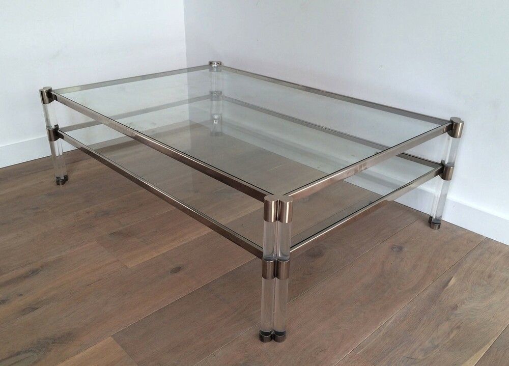 Large Lucite And Chrome Coffee Table With 2 Glass Shelves. French Work. Circa 1970 photo 1850.0