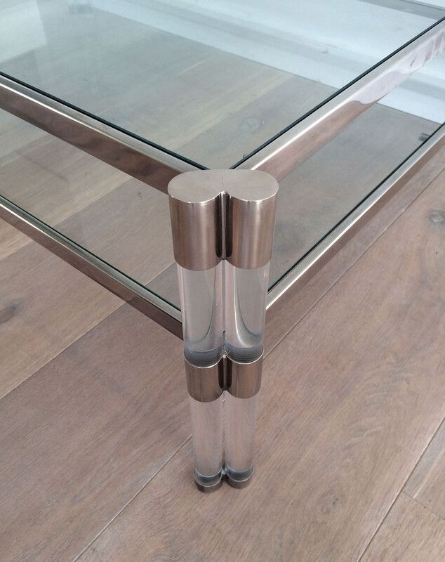 Large Lucite And Chrome Coffee Table With 2 Glass Shelves. French Work. Circa 1970 photo buy