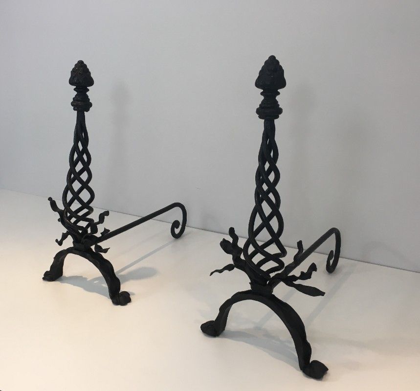 Pair Of Twisted Wrought Iron Andirons With Finials. French. Circa 1940 photo Home Fixtures