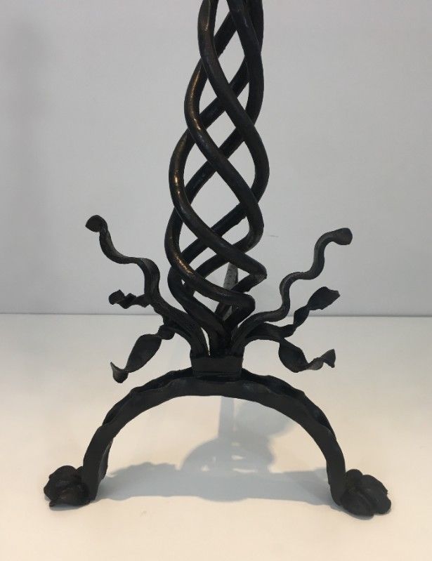Pair Of Twisted Wrought Iron Andirons With Finials. French. Circa 1940 photo vintage