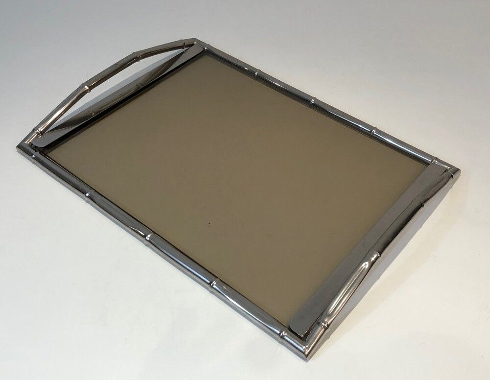 : In The Style Of Jacques Adnet. Faux Bamboo Chromed Tray With Smoked Glass