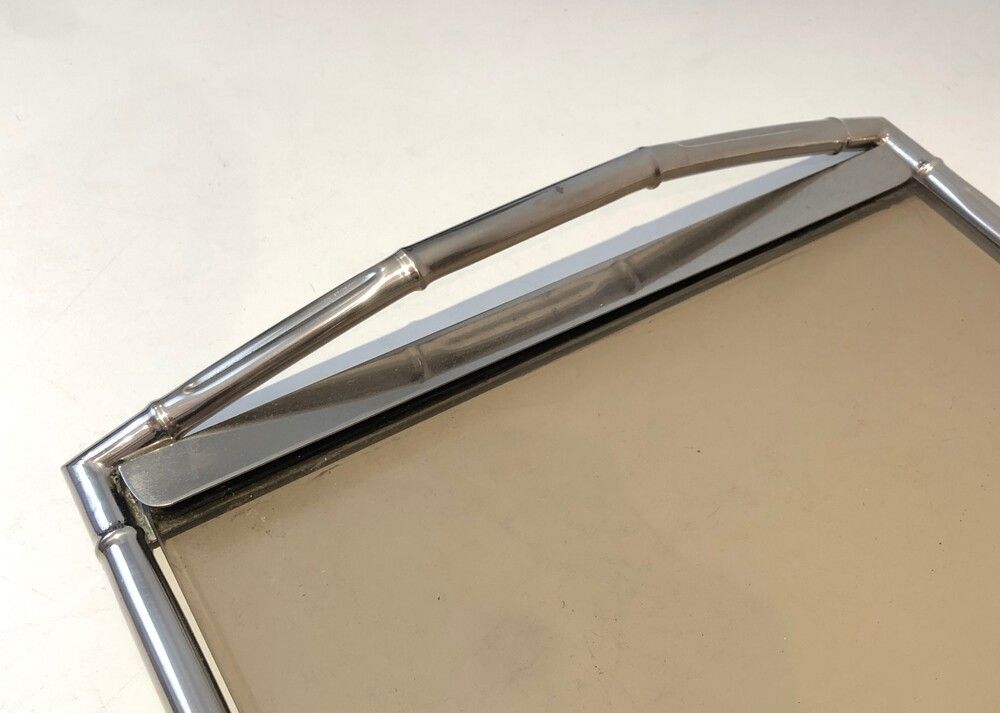 : In The Style Of Jacques Adnet. Faux Bamboo Chromed Tray With Smoked Glass photo 480.0