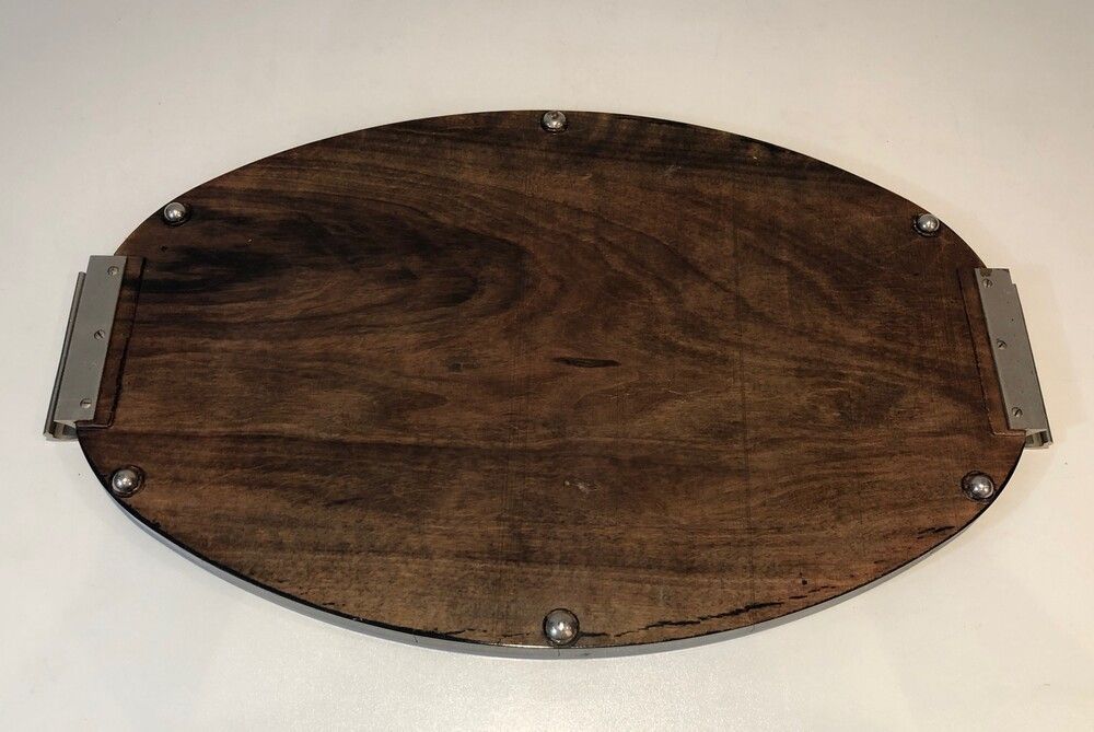 Art Deco Sycamore, Ebonised Wood And Chrome Tray photo vintage