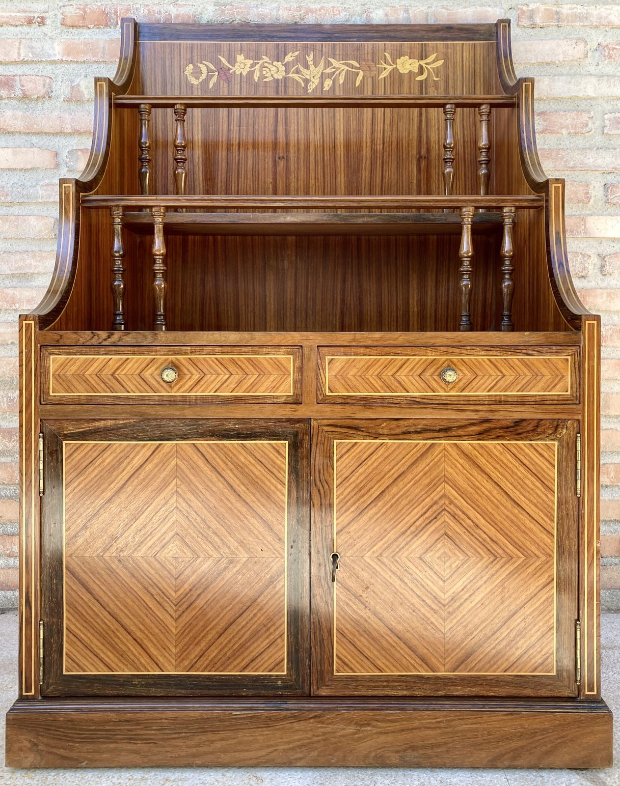 Mid Century Modern French Walnut Marquetry Shelf , Circa 1950