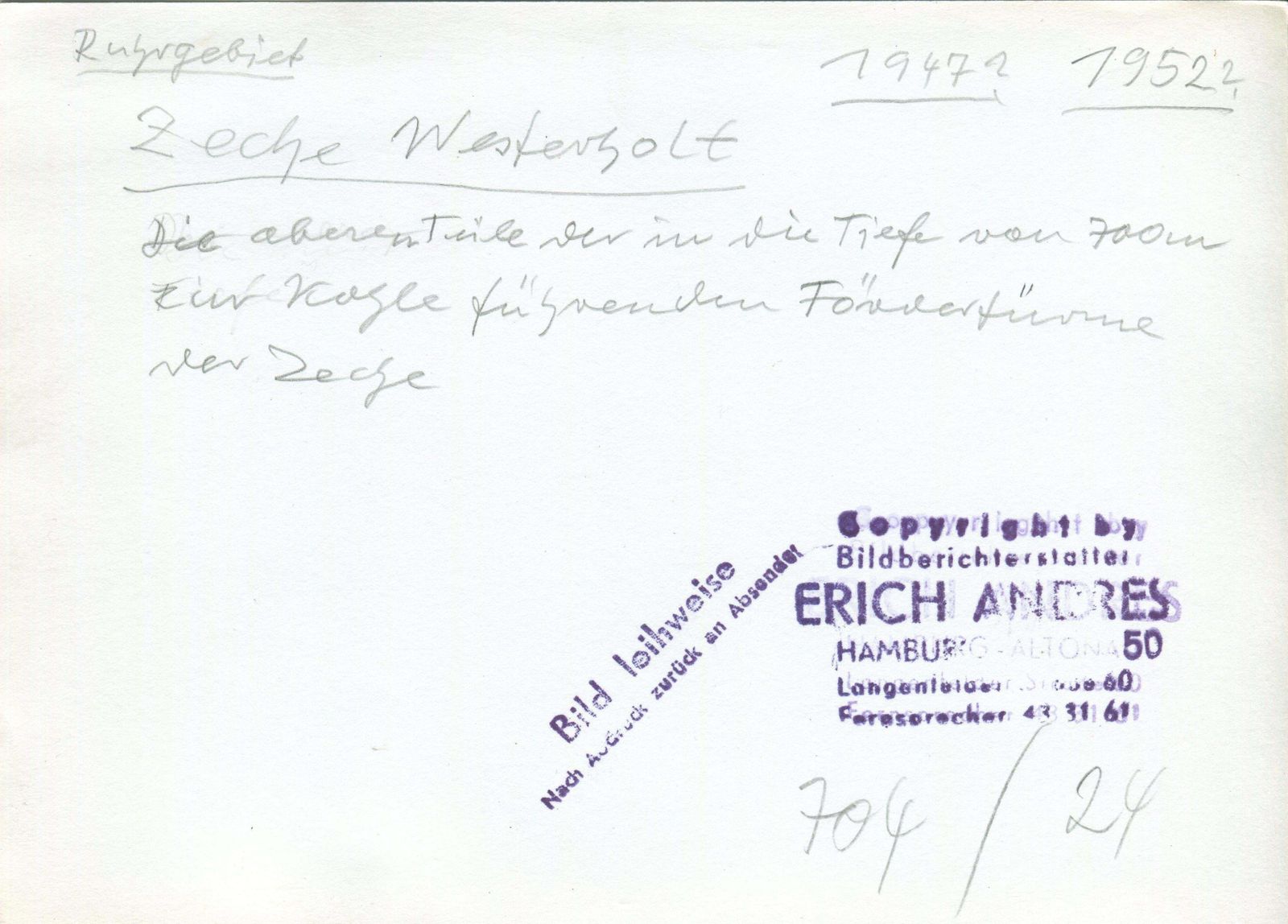 Erich Andres Ruhr Area Zeche Westerholt, Germany 1947 1955 photo for sale