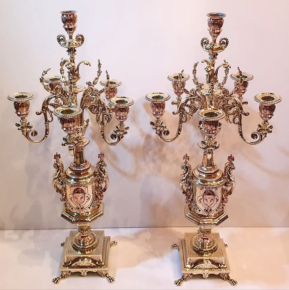 Pair Of Fully Restored 19th Century Brass And Bronze Candleabra