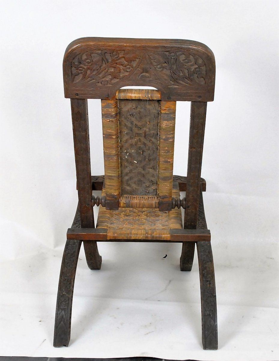 Folding Chair In Carved Exotic Wood And Cannage, Asia, Late 19th / Early 20th Century photo vinterior