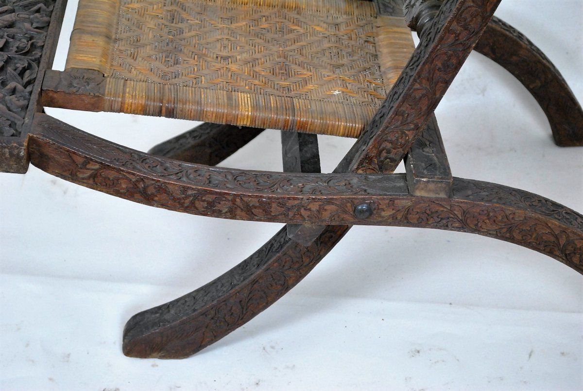 Folding Chair In Exotic Wood Carved And Cannage, Asia, Late 19th / Early 20th Century photo 575.0