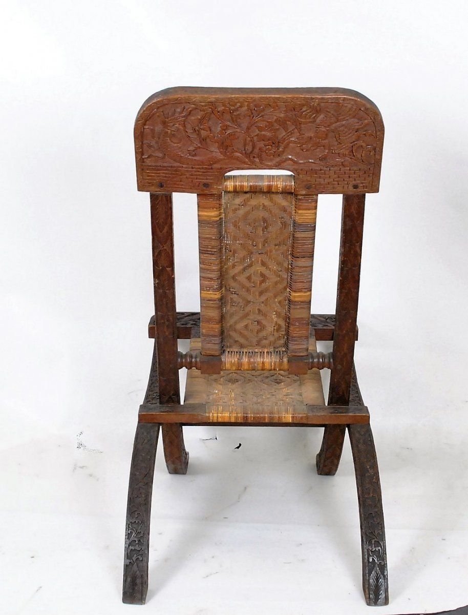 Folding Chair In Exotic Wood Carved And Cannage, Asia, Late 19th / Early 20th Century photo vinterior
