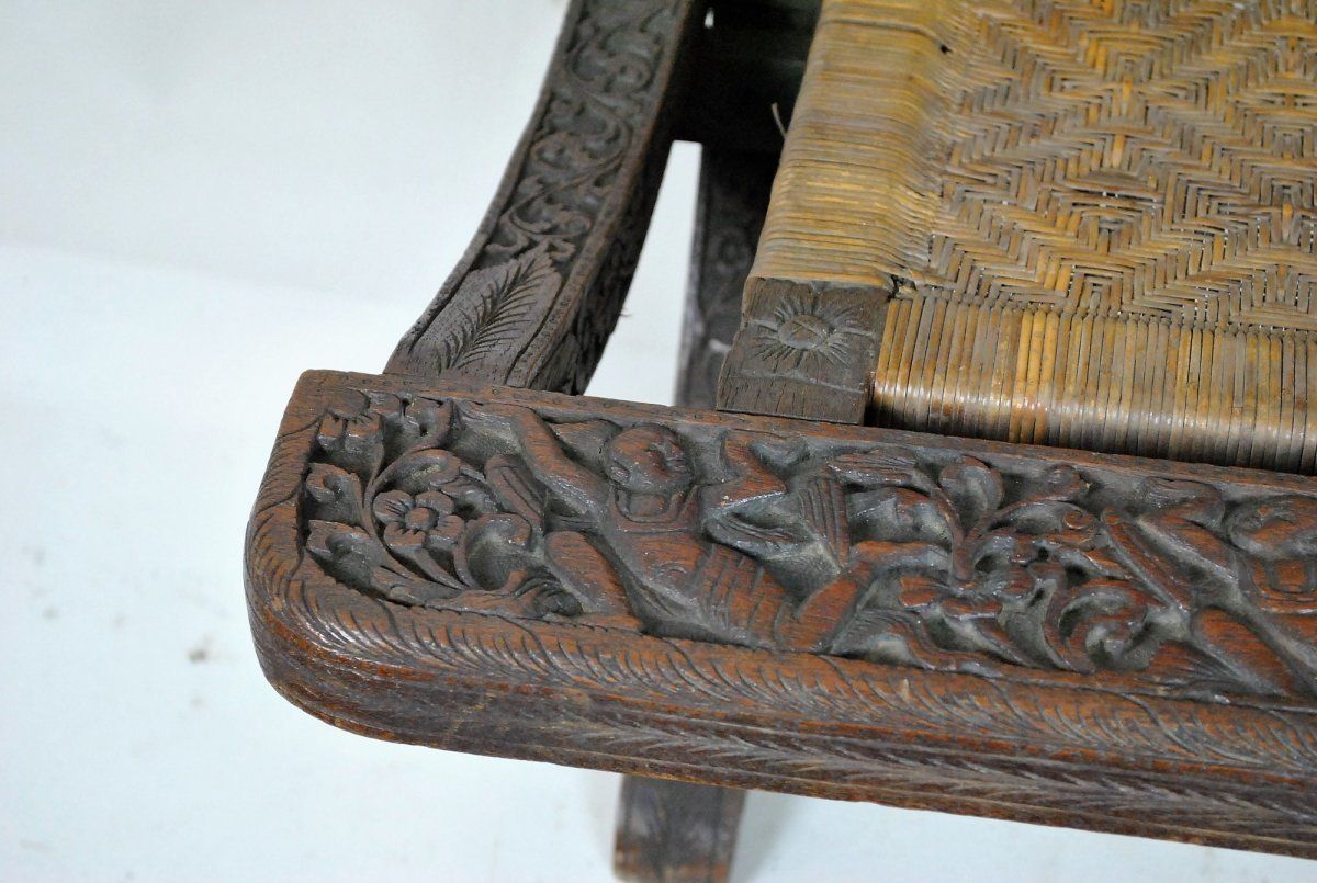photo furniture Folding Chair In Exotic Wood Carved And Cannage, Asia, Late 19th / Early 20th Century