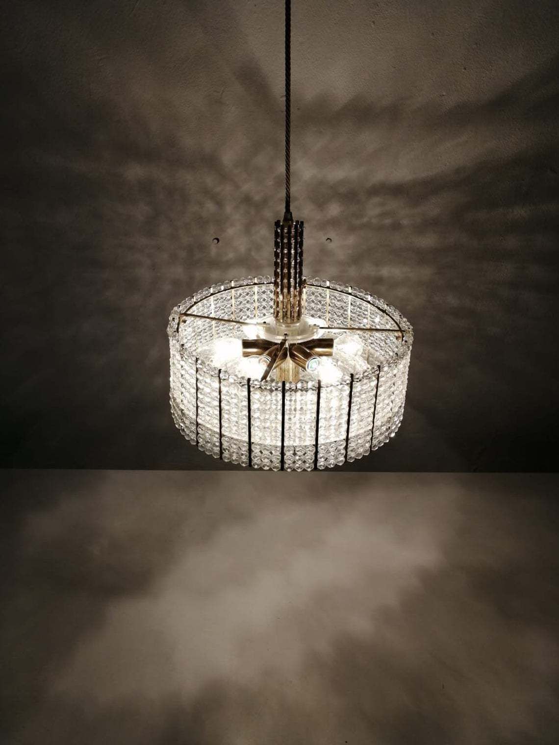 Gorgeous Brass Body & Plexiglass Beads Luxurious 3 Layer Chandelier By Emil Stejnar For Rupert Nikoll   1950s Austria photo for sale