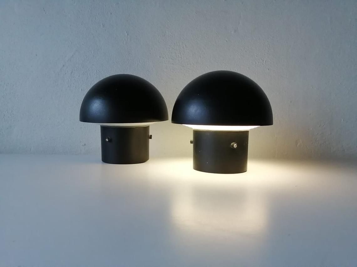 Bega 2659 Black Metal & Glass Wonderful Mushroom Design Pair Of Ceiling Lamps Or Sconces   1960s Germany photo Lighting