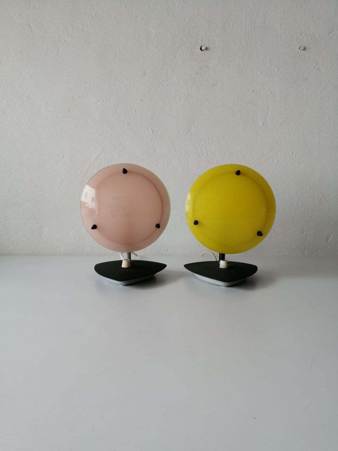 Beautiful Pink/Yellow And White Plexiglass Italian Pair Of Table Lamps, 1950s Italy photo for sale