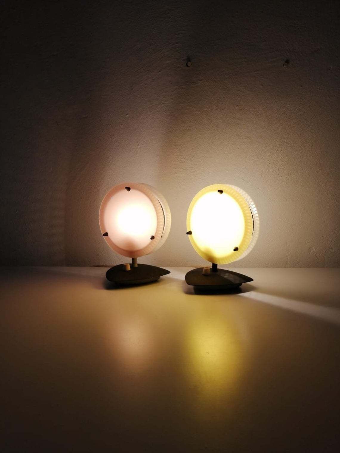 Beautiful Pink/Yellow And White Plexiglass Italian Pair Of Table Lamps, 1950s Italy photo 932.48