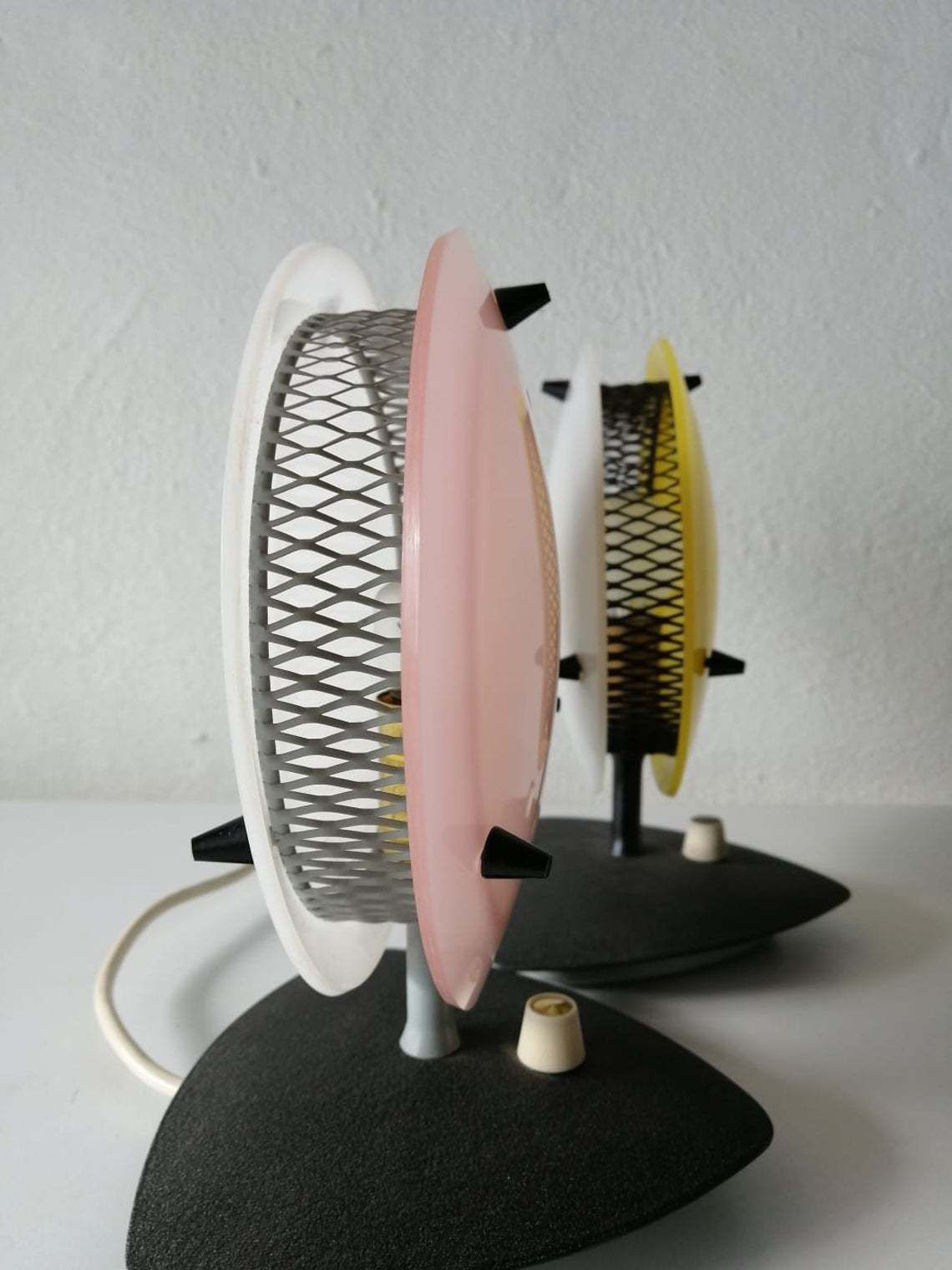 Beautiful Pink/Yellow And White Plexiglass Italian Pair Of Table Lamps, 1950s Italy photo vinterior