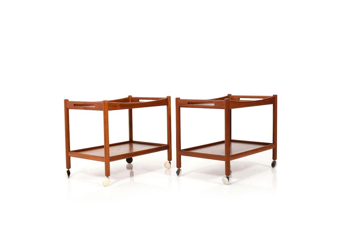 Pair Hans J. Wegner Serving Trolleys Model At 45 In Teak 1960s photo for sale