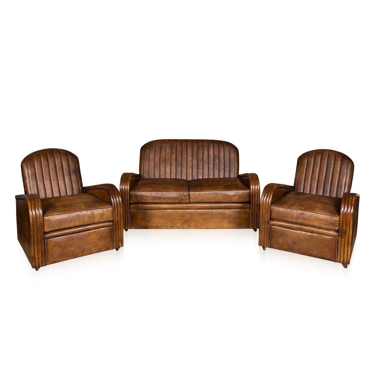 20th Century Art Deco Pair Of Leather Tub Chairs And Sofa, Circa 1920