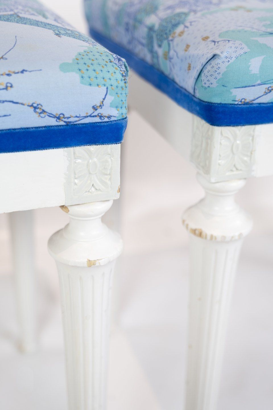 A Set Of 2 Antique Stools With White Painted Wood And Upholstered With Blue Fabric From The 1920s. photo Furniture