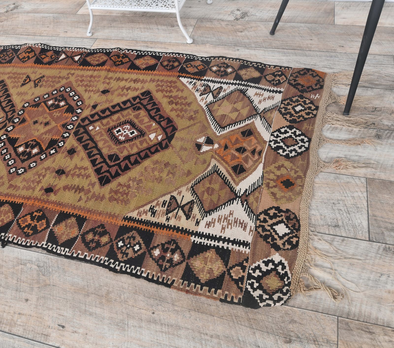 Turkish Oushak Rug, Door Mat Small Carpet, Handmade Wool Flatweave Orange Mini, Made In Anatolia photo Textiles
