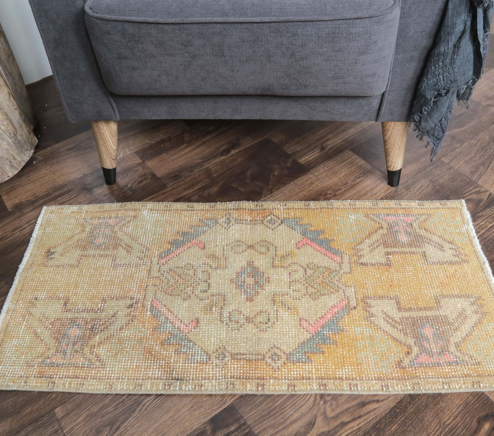Turkish Oushak Rug, Door Mat Small Carpet, Handmade Wool Oriental Orange Doormat, Made In Anatolia photo for sale