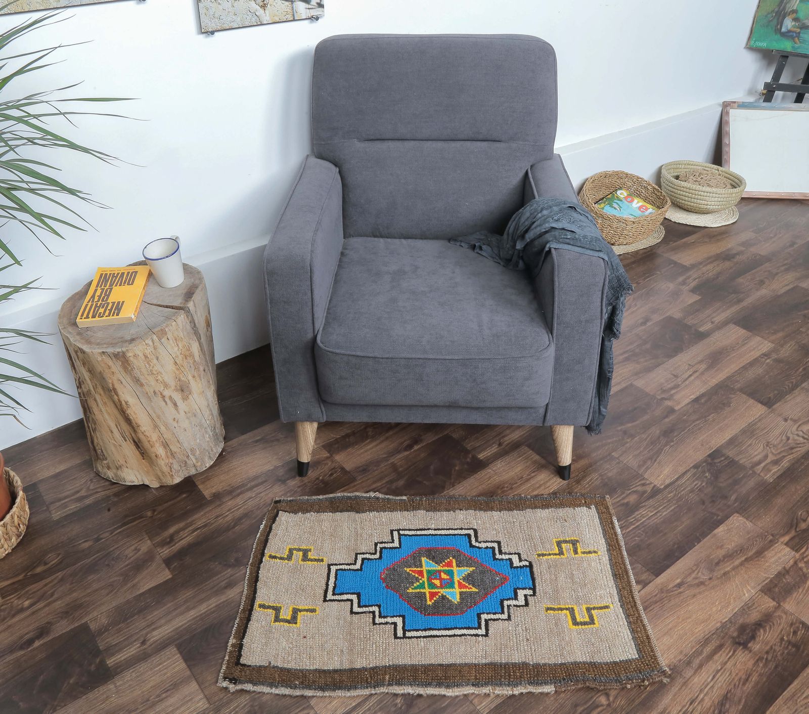 Turkish Oushak Rug, Door Mat Small Carpet, Handmade Wool Brown Ethnic Mini, Made In Anatolia