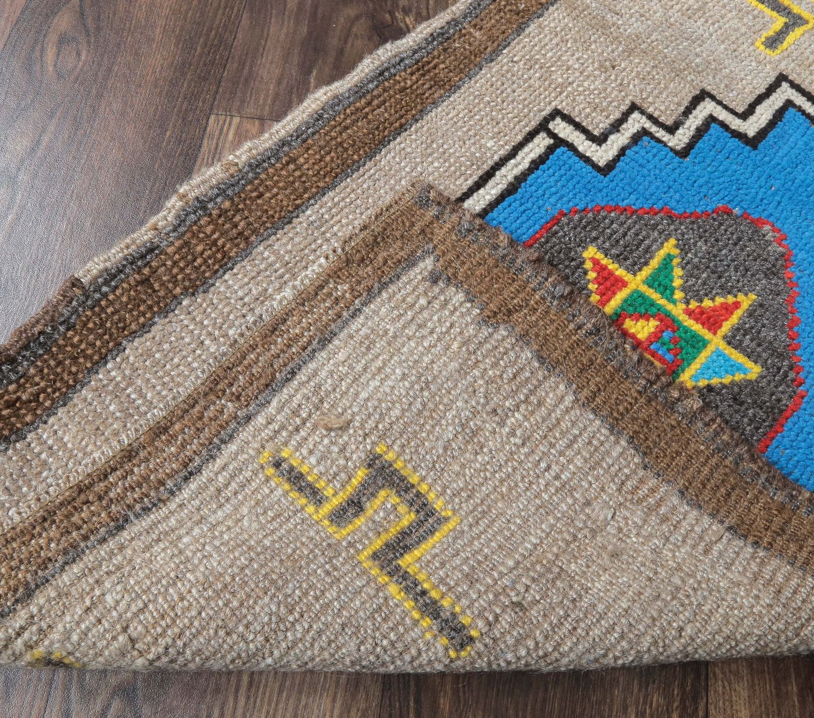Turkish Oushak Rug, Door Mat Small Carpet, Handmade Wool Brown Ethnic Mini, Made In Anatolia photo 83.0