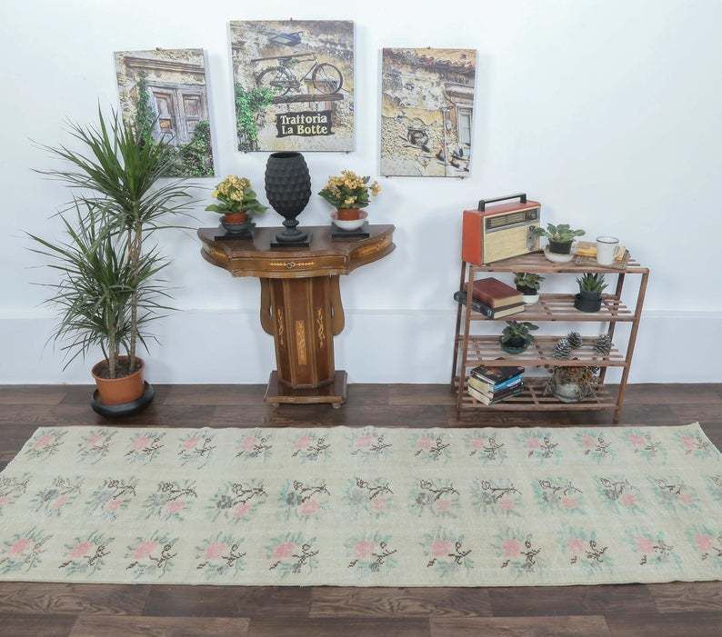 3x9 Vintage Turkish Runner, Oushak Handmade Wool Rug, Light Green Floral Hallway Rugs, Anatolia Farmhouse Decor One Of A Kind, Ethnic photo for sale