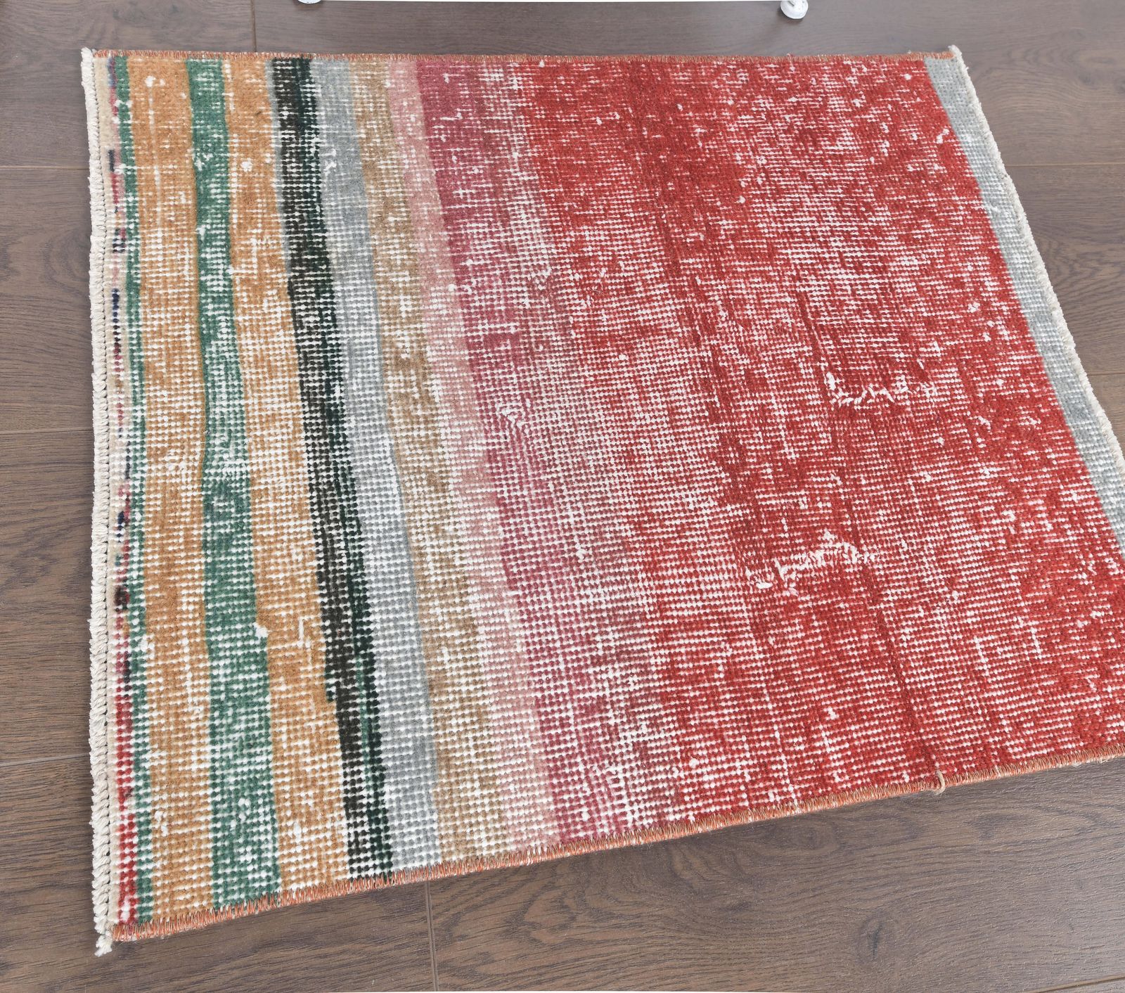 Turkish Vintage Oushak Rug, Square Door Mat, Handmade Wool, Red Modern, Pet Dog Cat Mat photo for sale