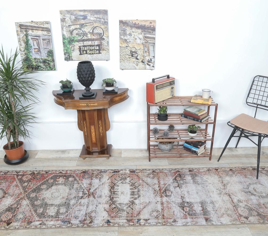 Antique Runner Turkish Oushak Handmade Wool Rug, Red Distresed Hallway Rugs, Rustic Boho Farmhouse Decor, One Of A Kind, Anatolian photo for sale