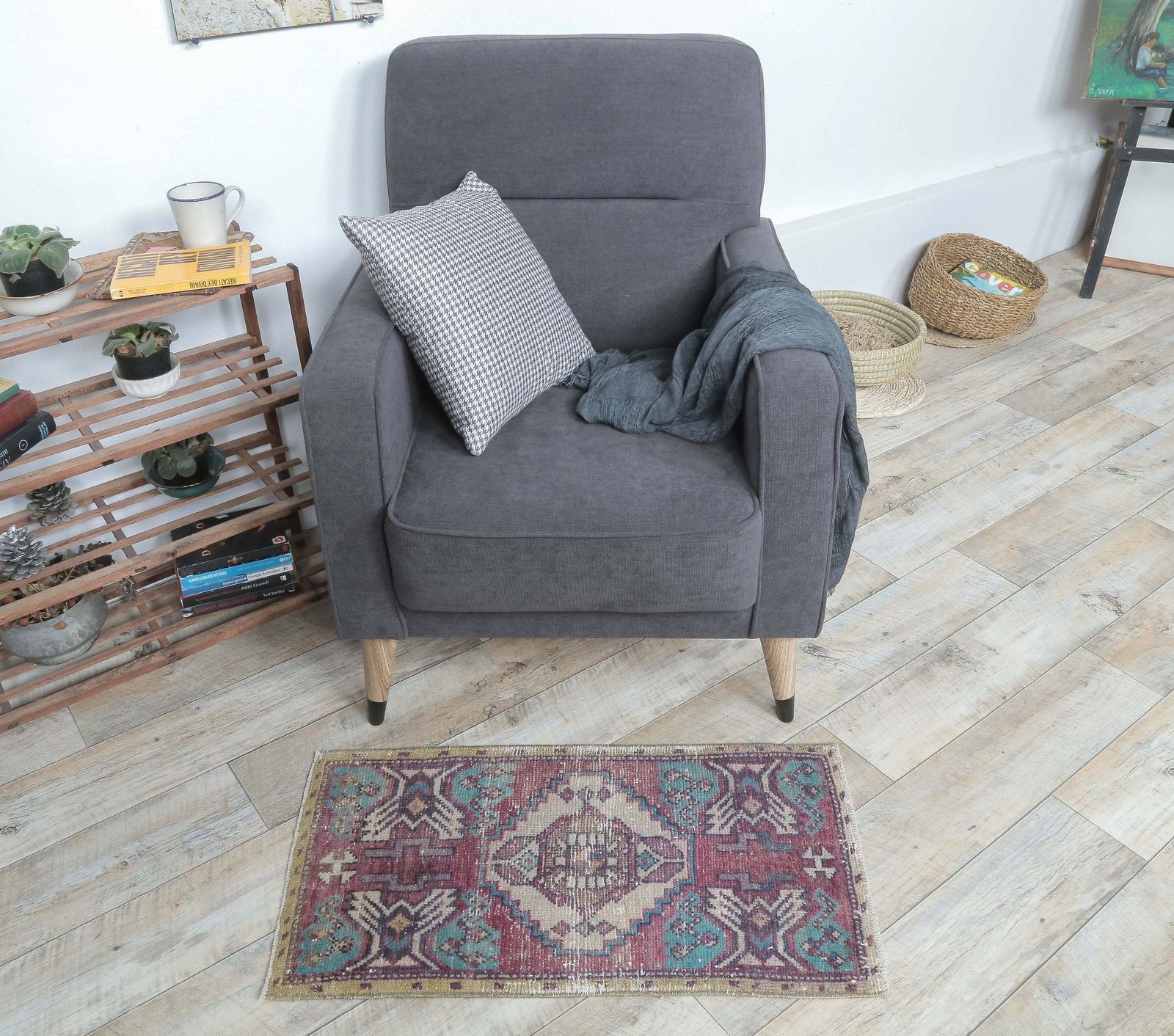 Turkish Oushak Rug, Door Mat Small Carpet, Handmade Wool Oriental, Purple Mini, Made In Anatolia photo furniture