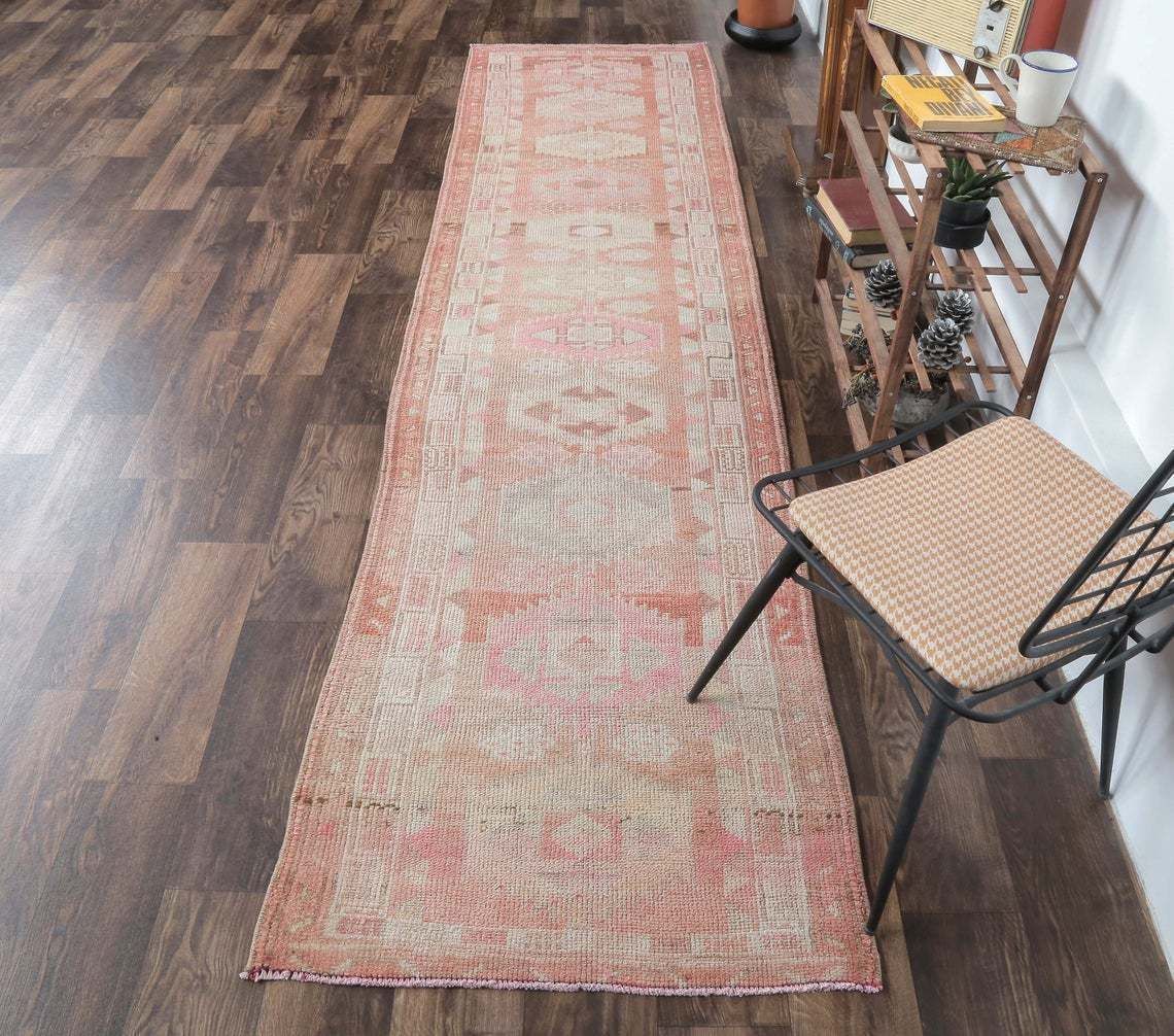 3x11 Oushak Handmade Wool Rug, Turkish Vintage Rugs, Pinkish Red Hallway Runner, Farmhouse Decor, One Of A Kind, Oriental, Anatolian