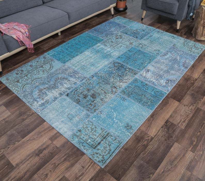 Patchwork Turkish Vintage Rug, Oushak Handmade Wool Rug, Blue Custom Rugs, Farmhouse Decor, One Of A Kind, Anatolia photo for sale